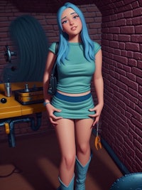 a blue haired girl in a blue dress standing in a room